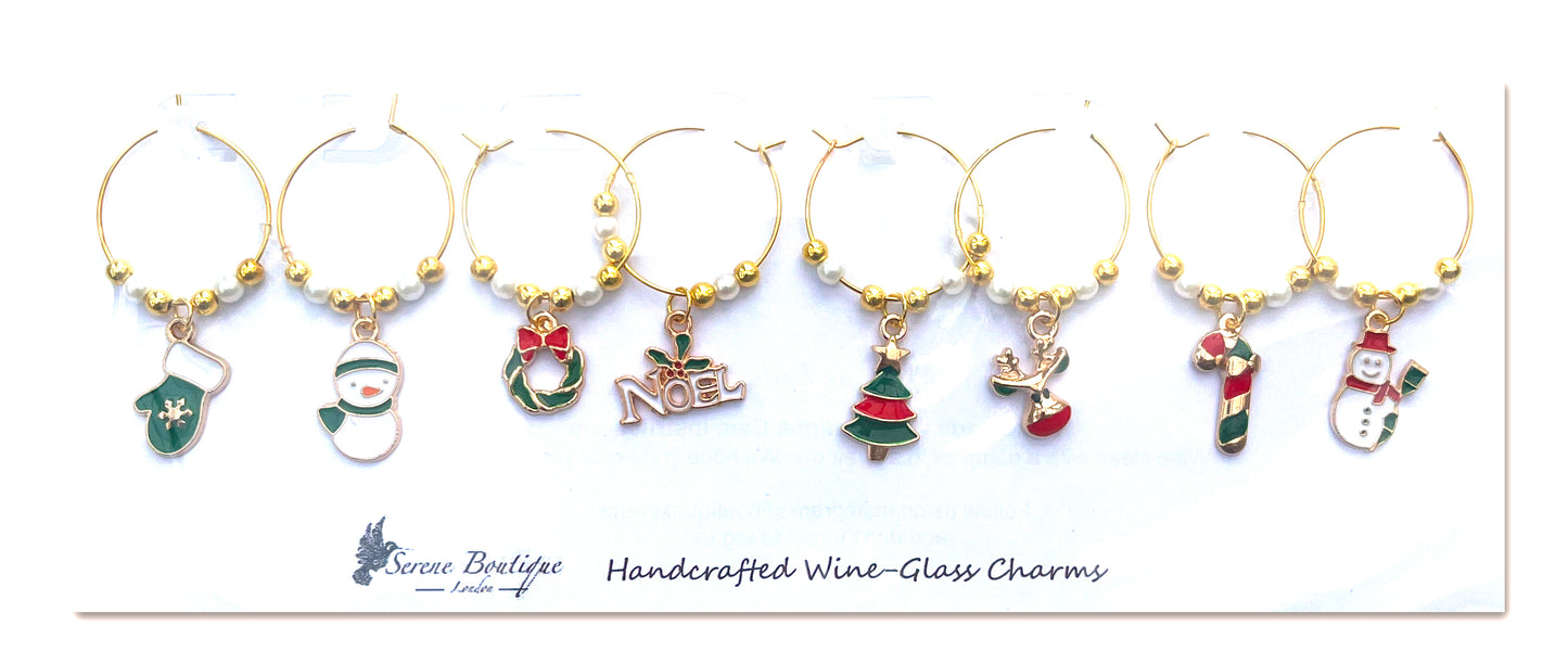 Serene Boutique Handcrafted Christmas Wine-Glass Charms – Set of 8 Festive Enamel Markers