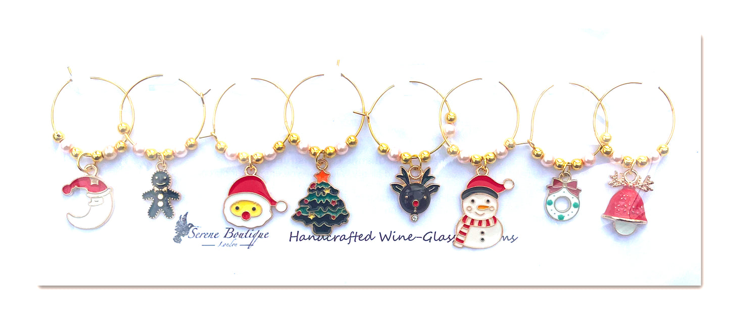 Serene Boutique Handcrafted Christmas Wine-Glass Charms – Set of 8 Festive Enamel Markers