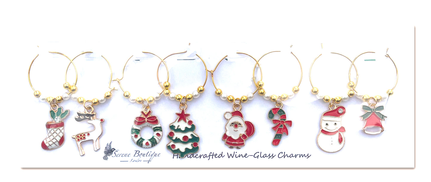 Serene Boutique Handcrafted Christmas Wine-Glass Charms – Set of 8 Festive Enamel Markers