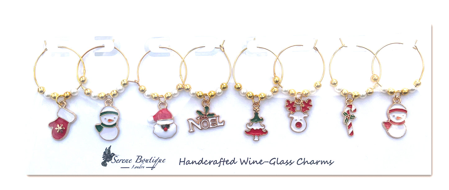 Serene Boutique Handcrafted Christmas Wine-Glass Charms – Set of 8 Festive Enamel Markers
