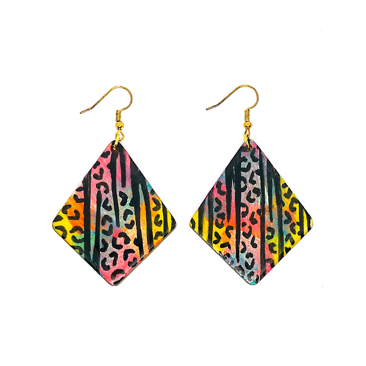 Serene Boutique Rainbow Safari Diamond Earrings – Hand-Painted Wood, Resin Gloss & Gold-Plated 925 Hooks (7cm Drop)