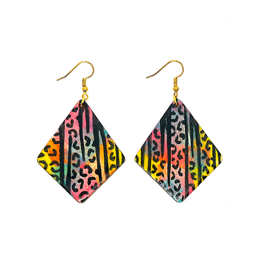 Serene Boutique Rainbow Safari Diamond Earrings – Hand-Painted Wood, Resin Gloss & Gold-Plated 925 Hooks (7cm Drop)
