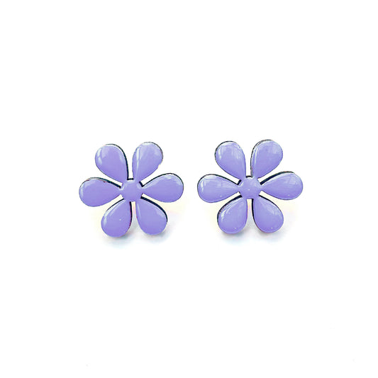 Lavender Bloom Hand-Painted Wooden Flower Stud Earrings – Resin Gloss Finish & Sterling Silver 925 Posts (3cm)