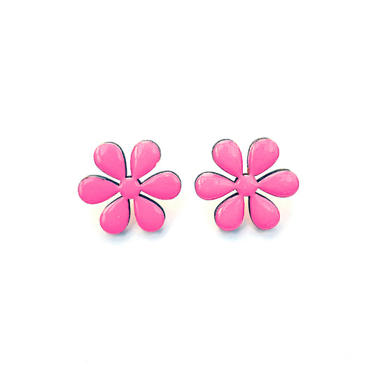 Pink Bloom Hand-Painted Wooden Flower Stud Earrings – Resin Gloss Finish & Sterling Silver 925 Posts (3cm)