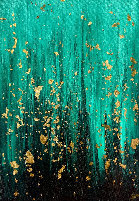Emerald Rain – Original Acrylic & Gold Leaf Abstract on Canvas (30 × 21 cm)