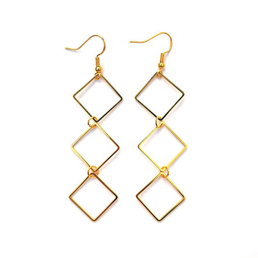 Gold Geometric Dangle Earrings – Brass Square Drop Design with Gold-Plated Sterling Silver 925 Hooks (8cm)