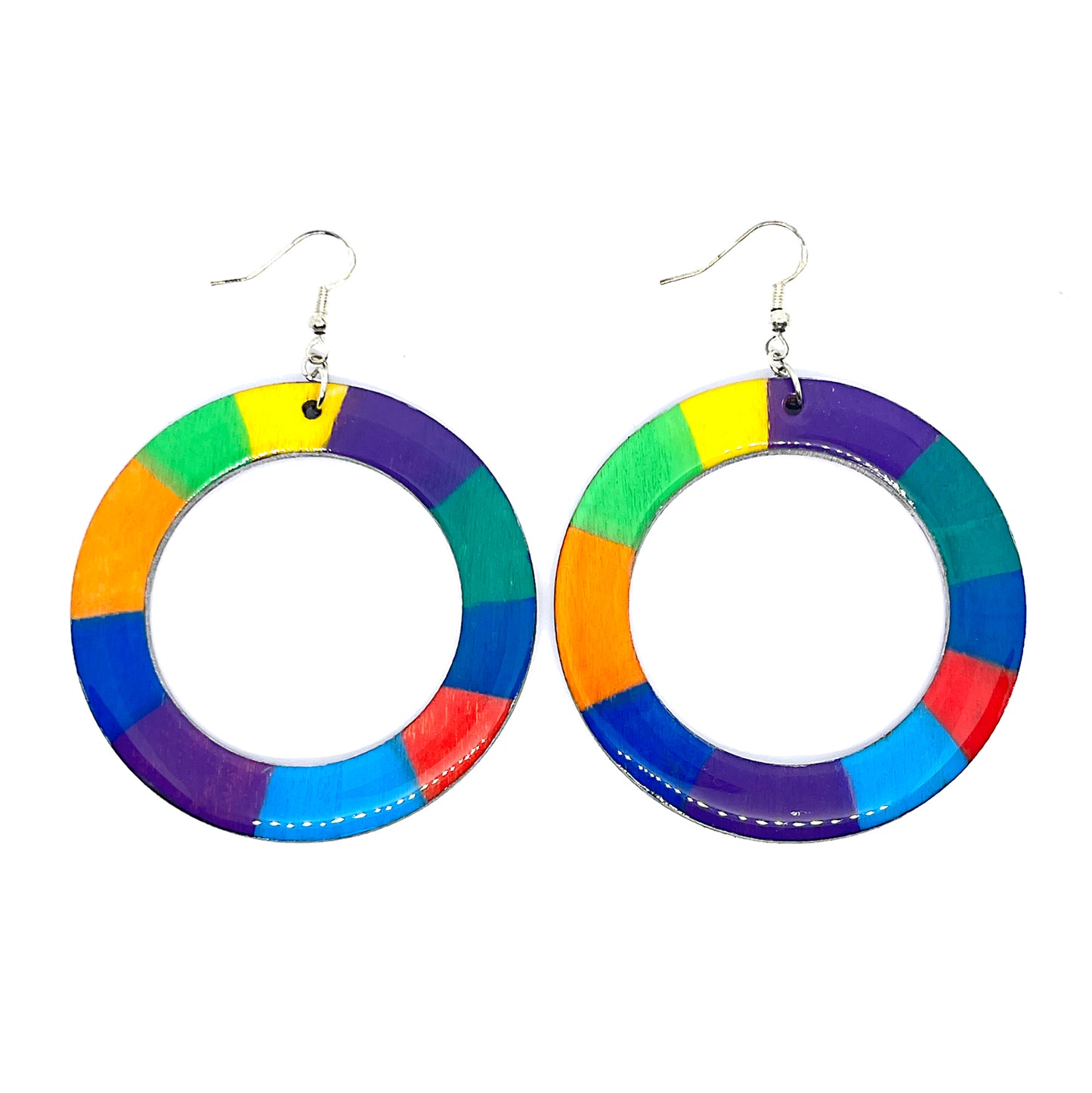 Serene Boutique Oversized Rainbow Hoop Earrings – Hand-Painted Wood, Resin Gloss & 925 Sterling Silver Hooks (8cm Drop)