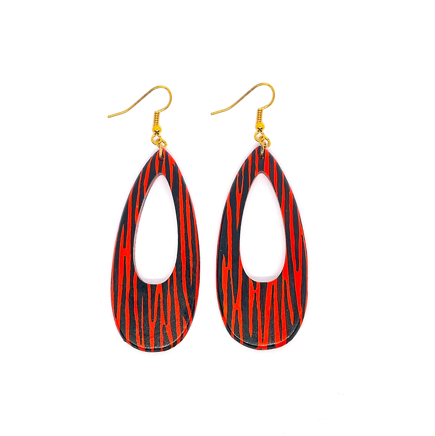 Serene Boutique Red Zebra Drop Earrings – Hand-Painted Wood, Satin Varnish Finish & Gold-Plated 925 Hooks