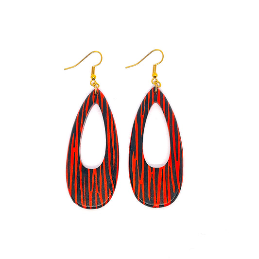 Serene Boutique Red Zebra Drop Earrings – Hand-Painted Wood, Satin Varnish Finish & Gold-Plated 925 Hooks
