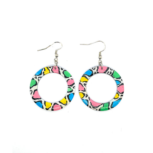 Serene Boutique Small Multicolour Animal-Print Hoop Earrings – Hand-Painted Wood, Resin Gloss & 925 Sterling Silver Hooks (5.5cm Drop)