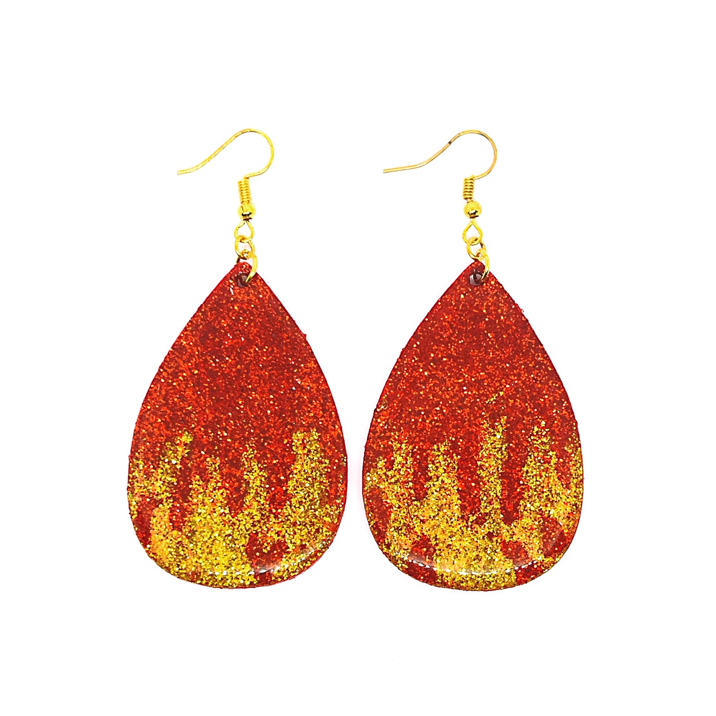 Serene Boutique Red & Gold Flame Glitter Teardrop Earrings – Lightweight Wood, Resin Finish, Gold-Plated 925 Sterling Silver Hooks