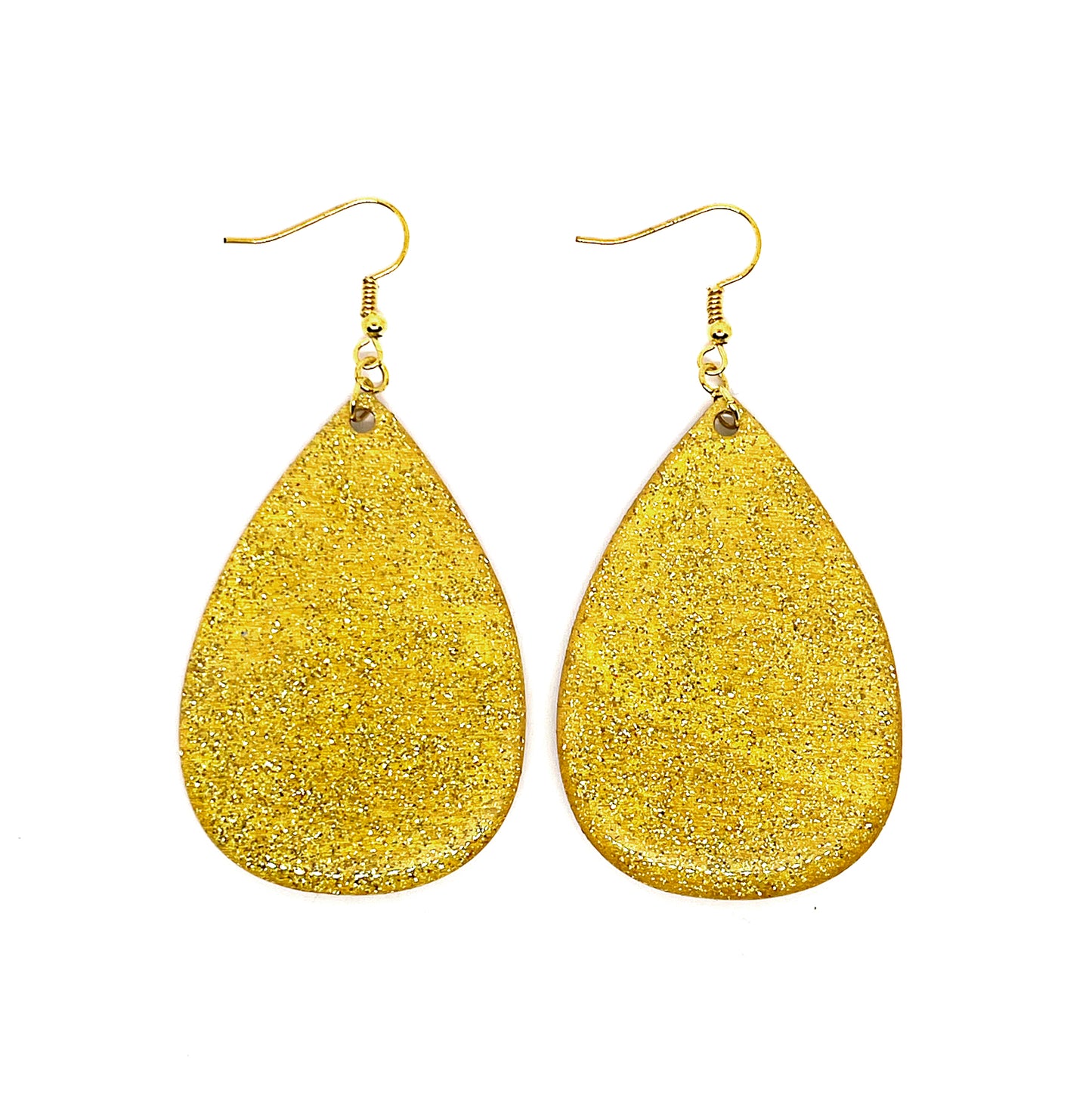 Serene Boutique Gold Glitter Teardrop Earrings – Lightweight Wood with Resin Finish – Gold-Plated 925 Sterling Silver Hooks