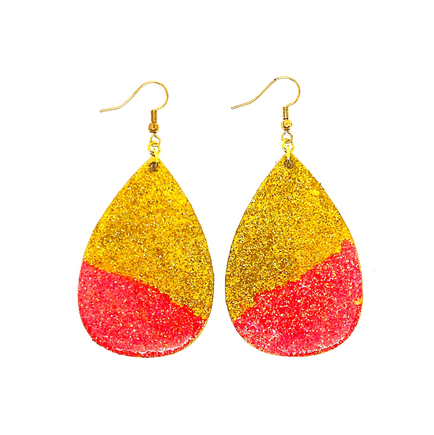 Serene Boutique Gold & Coral Pink Glitter Teardrop Earrings – Hand-Painted Wood with Resin Gloss & 925 Sterling Silver Hooks