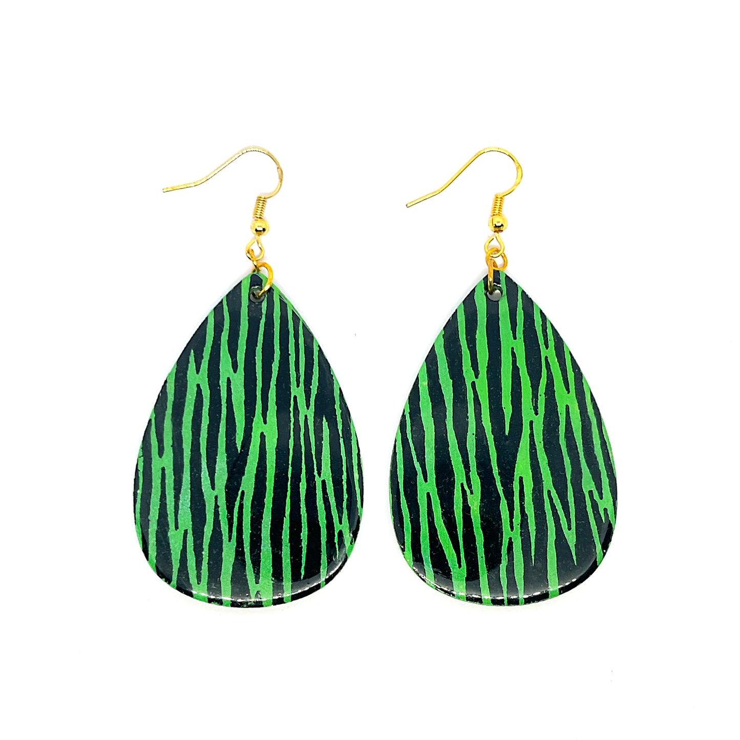Serene Boutique Green Zebra Teardrop Earrings – Hand-Painted Wood, Resin Gloss & Gold-Plated 925 Hooks