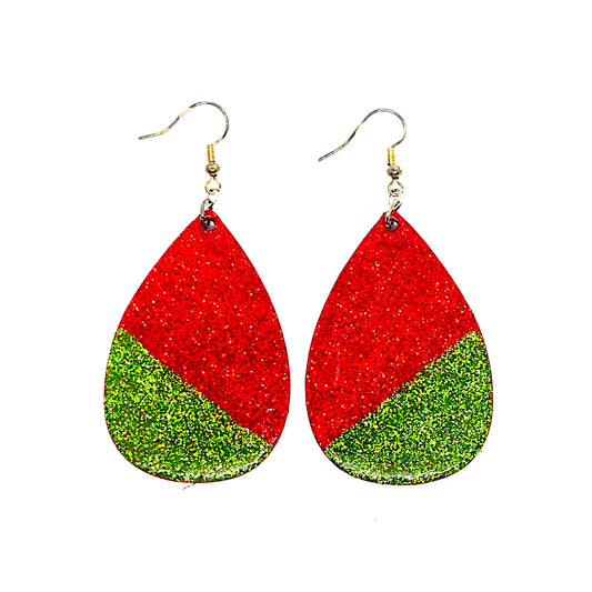 Serene Boutique Red & Green Glitter Teardrop Earrings – Hand-Painted Wood with Resin Gloss & 925 Sterling Silver Hooks